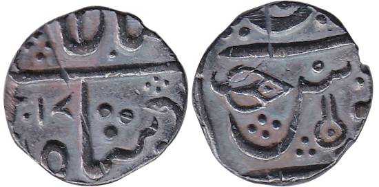 Maheshwar Mint, Silver, ½ Rupee, in the name of Shah Alam II, AH xx17/xx, leaf and Shiva L
