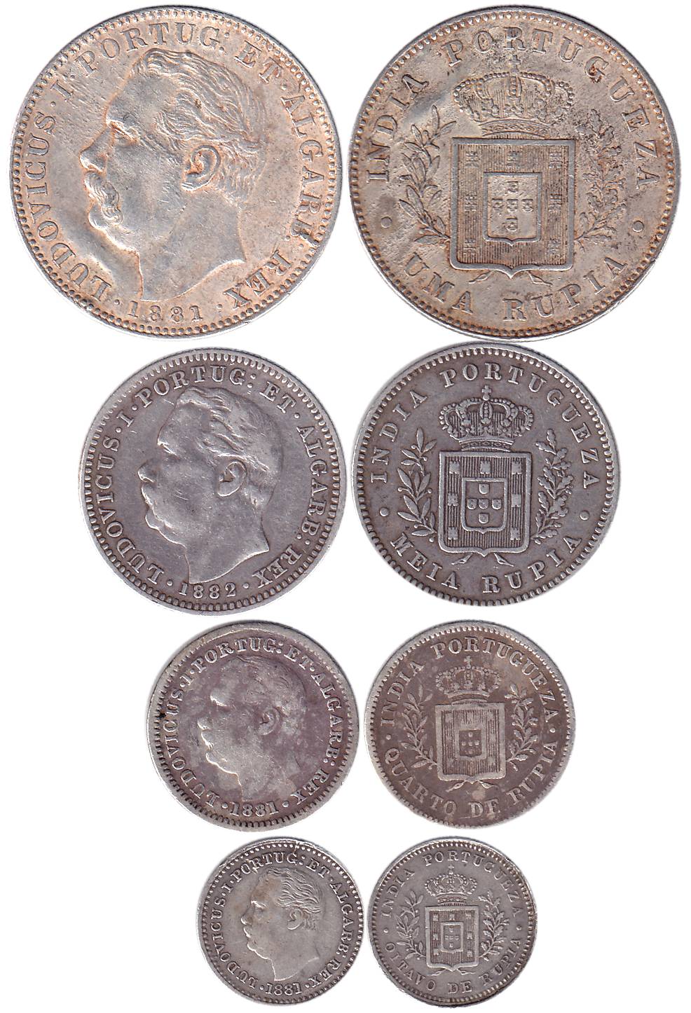 Luiz I, Silver (4), Set of 4 denominations: Rupia, ½ , ¼ and 1/8 Rupia, 1881, 1882, 1881 a