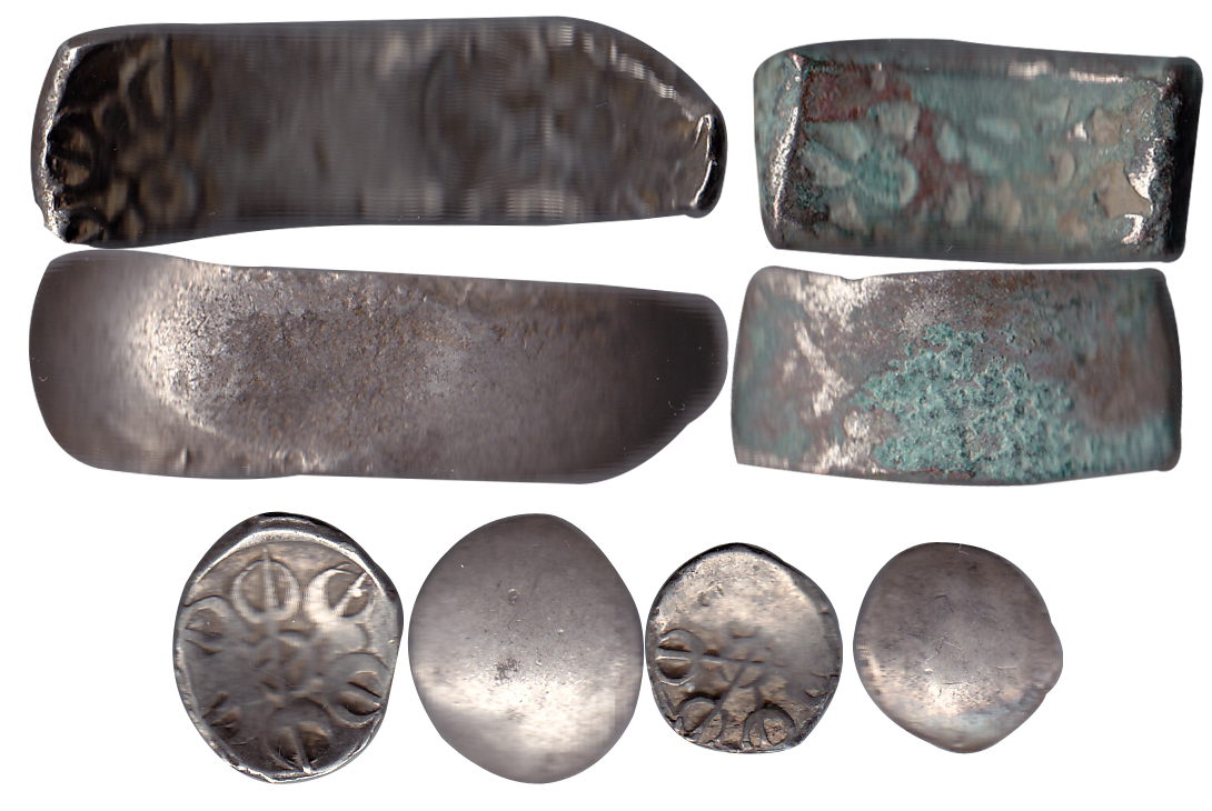 Punch-marked coins, GandharaJanapada, Silver (4), 4 different denominations, Bent Bars (2)