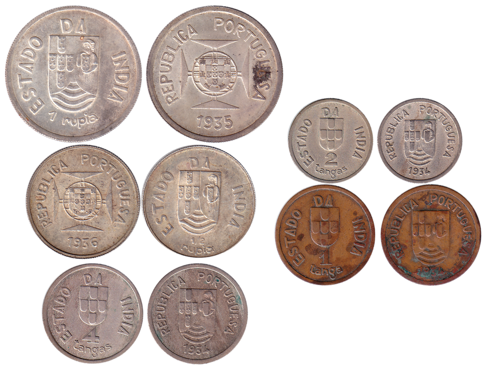 Republic, Silver (4), Copper (1), Set of 5 denominations:Rupia, ½ Rupia, 4 and 2 Tangas an