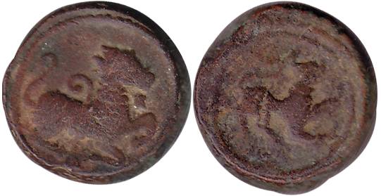 Vijayanagara Empire, Copper, 10.08 g, anonymous, a lion to right on obv, and a tiger to ri