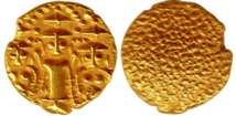 Gold, 3.46 g, 3-Svami Pagoda, crude figures of the Lord TirupatiBalaji standing in the cen
