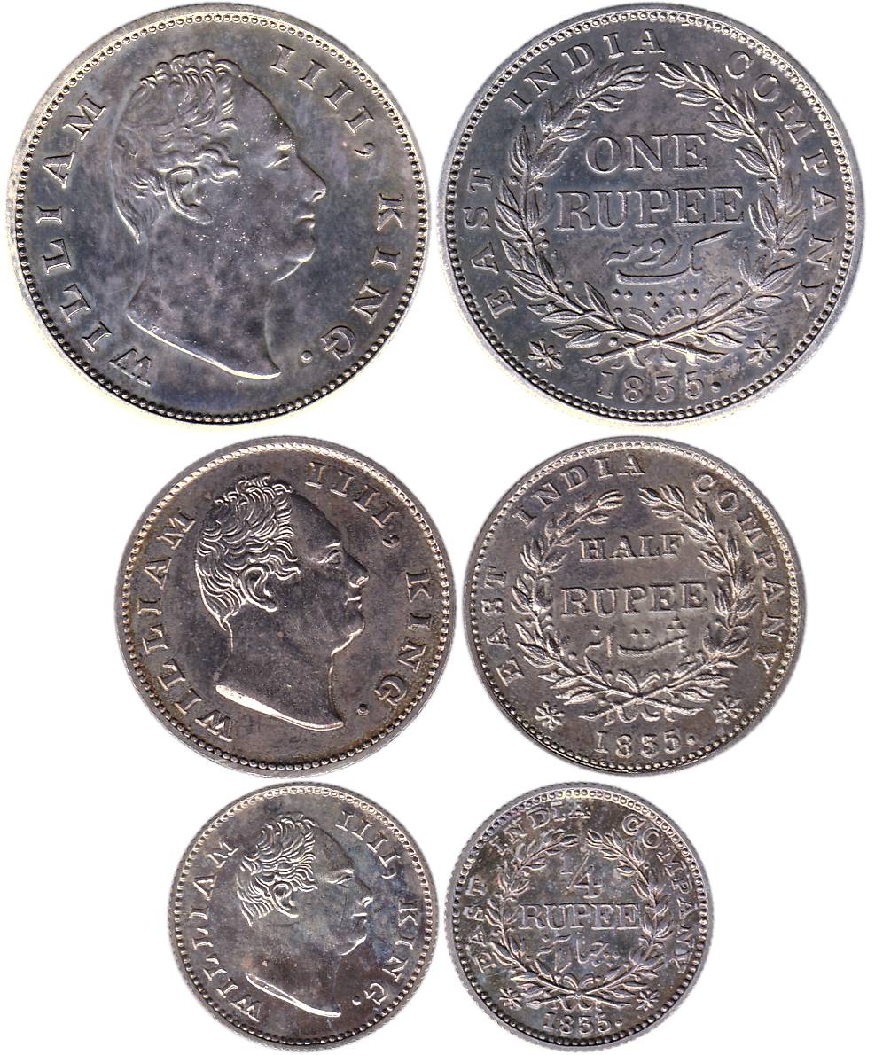 43William IV, Silver, Complete Set of 3 Denominations: Proof Rupee (18 Berries);Proof ½ Ru