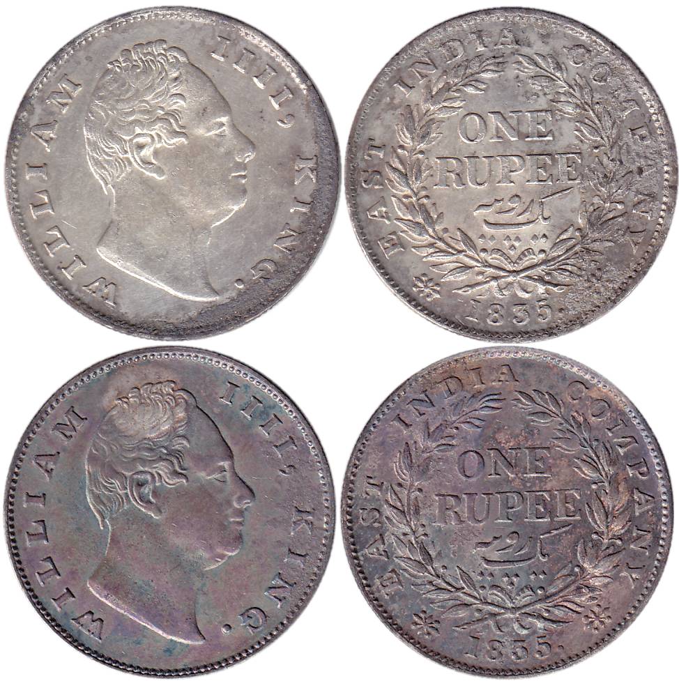 William IV, Silver (2), Rupee, Calcutta Mint, 1835, F raised, A/I/19 Berries (Pridmore# 37