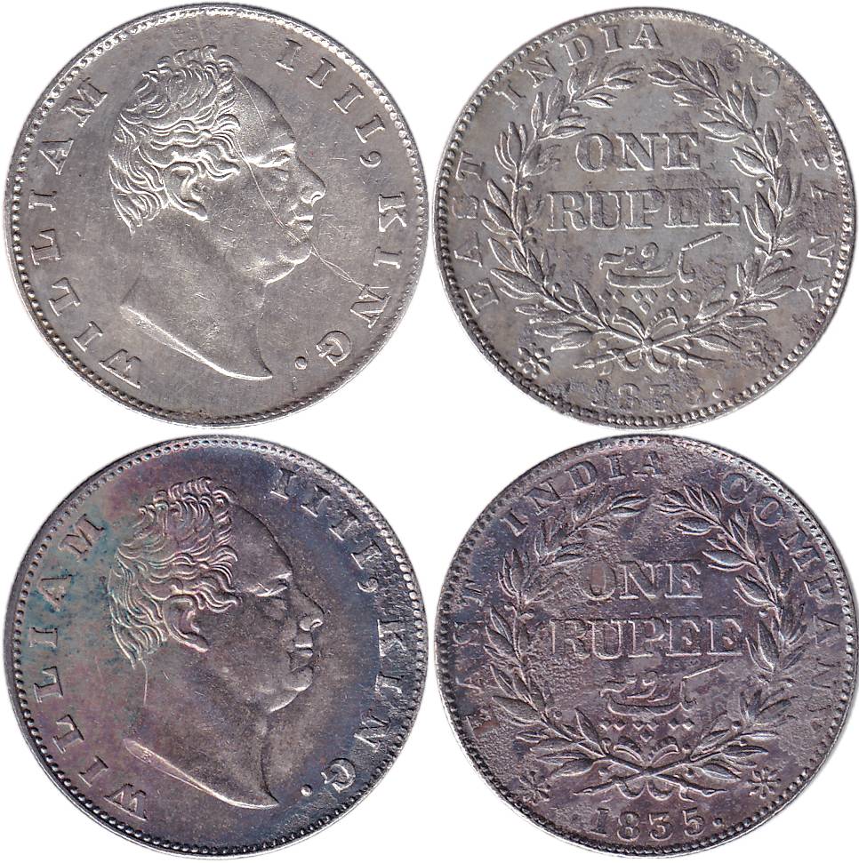 William IV, Silver (2), Rupee, Calcutta Mint, 1835, F incused, A/II/19 Berries with Dot af