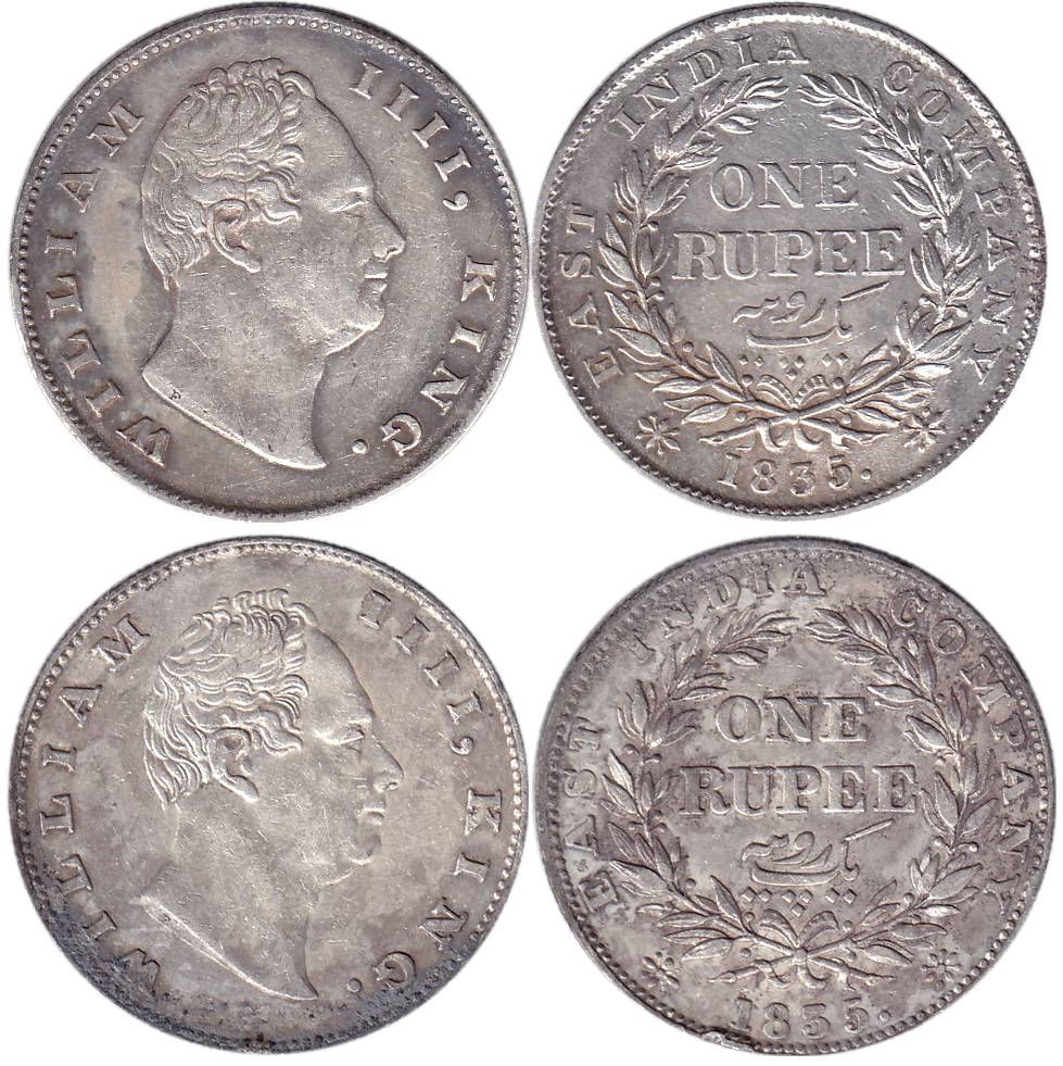 William IV, Silver (2), Rupee, Calcutta Mint, 1835, F incused, A/I/19 Berries; and F incus