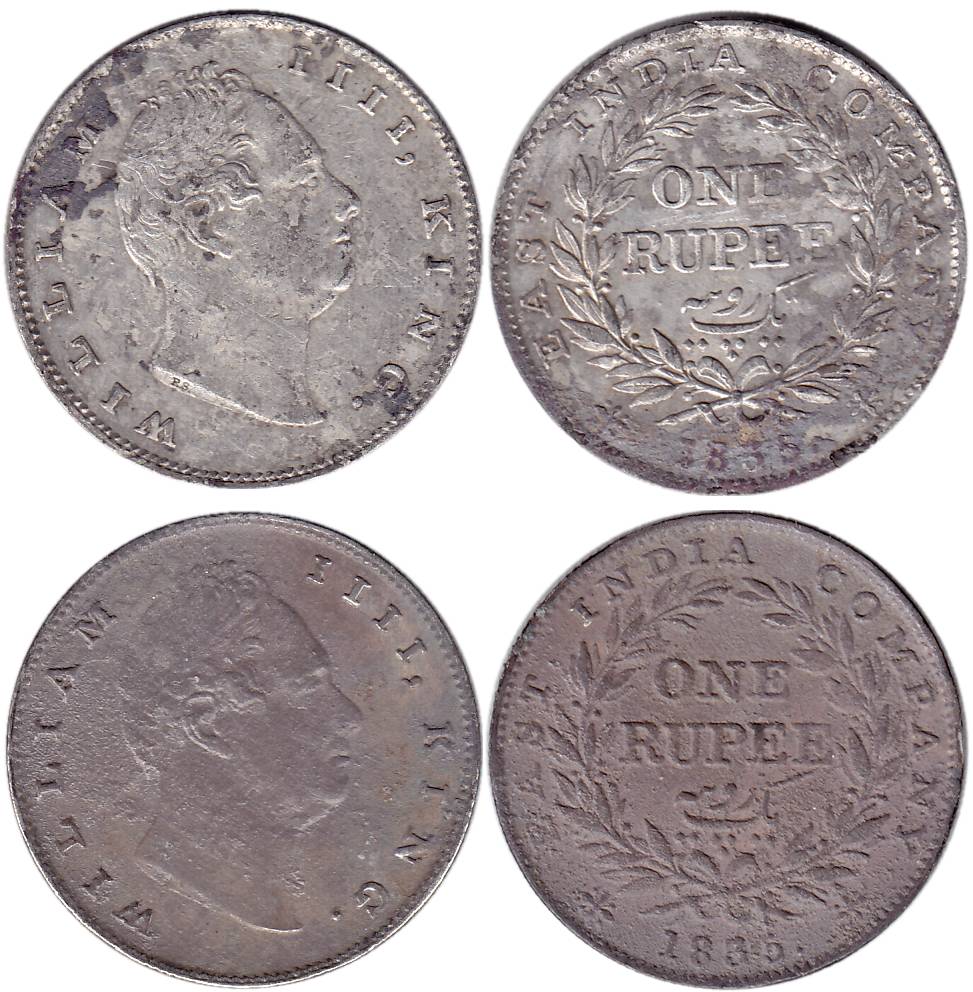 William IV, Silver (2), Rupee, Calcutta Mint, 1835, R.S. incused, B/II/20 Berries (Pridmor