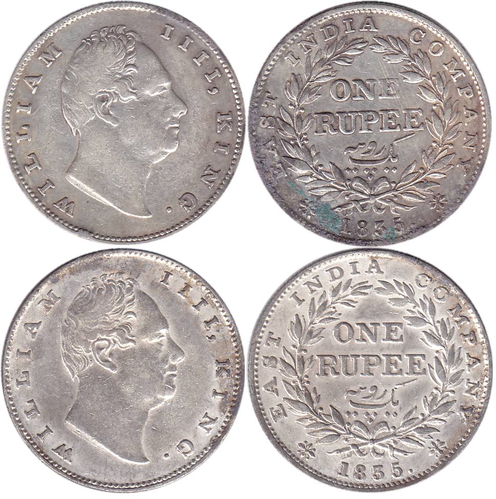 William IV, Silver (2), Rupee, Calcutta Mint, 1835, R.S. incused, B/II/20 Berries (Pridmor