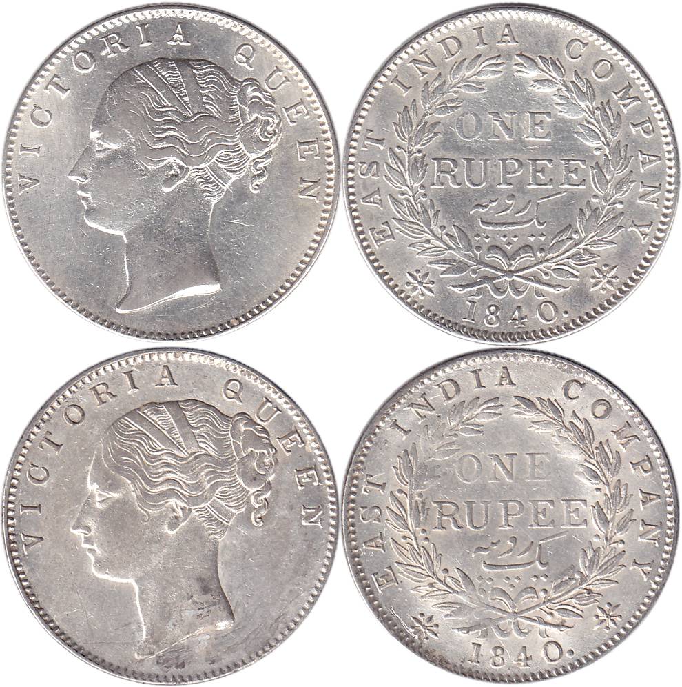 Victoria Queen, Continous Legend, Silver (2), Rupee, Calcutta Mint, 1840, English Head (Sh