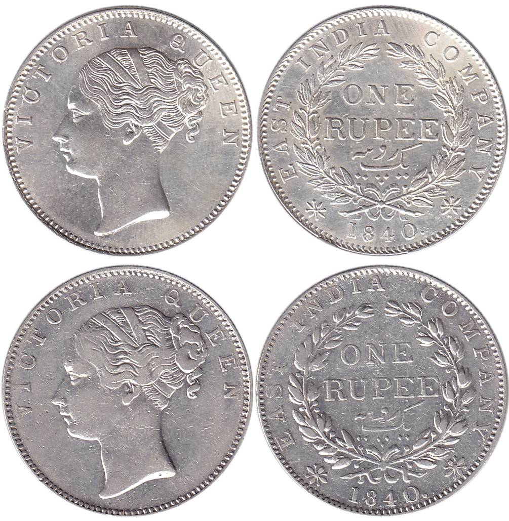 Victoria Queen, Continous Legend, Silver (2), Rupee, Madras Mint, 1840, “S” incused, 19 Be