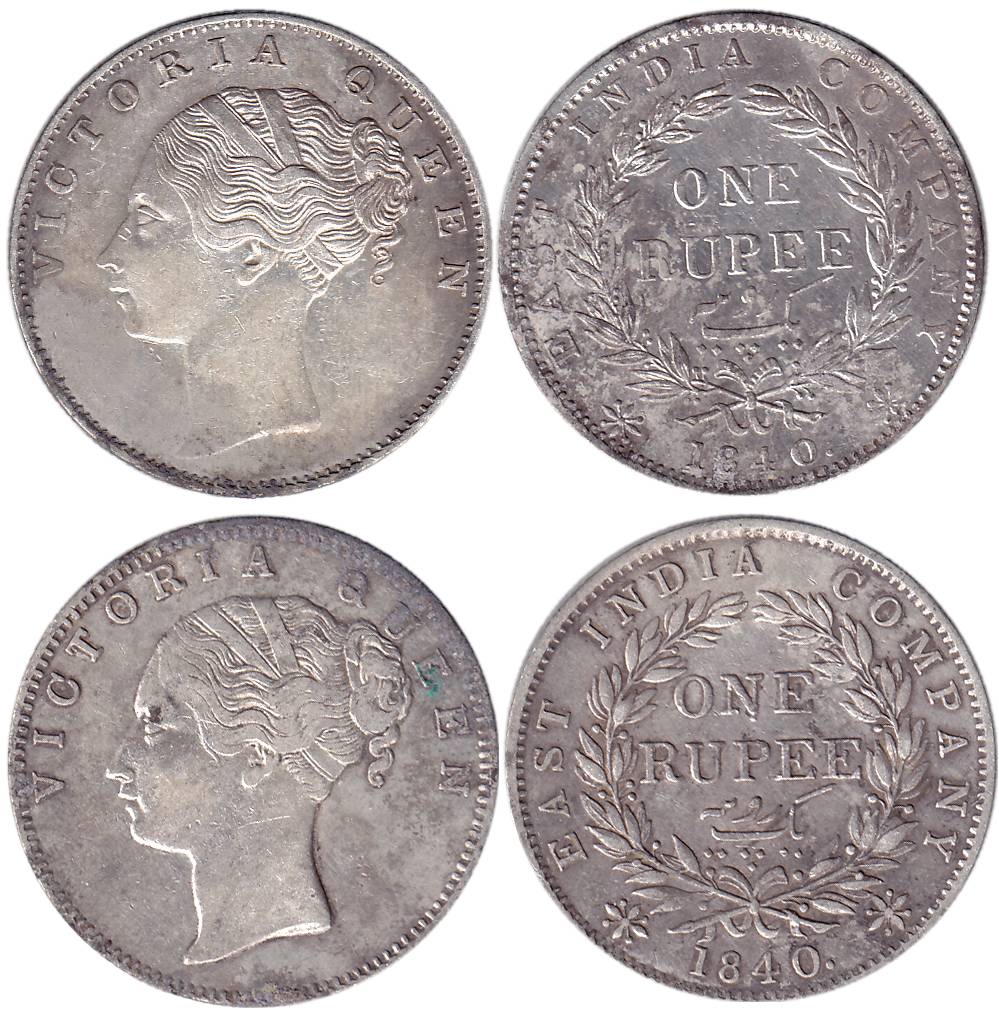 Victoria Queen, Continous Legend, Silver (2), Calcutta Mint, 1840, English Head (Short Nec