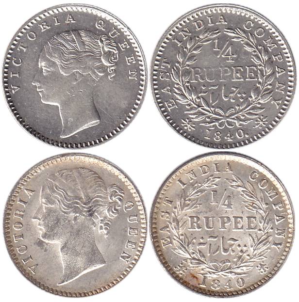 Victoria Queen, Continous Legend and Divided Legend, Silver (2), ¼ Rupee, Bombay Mint, 184