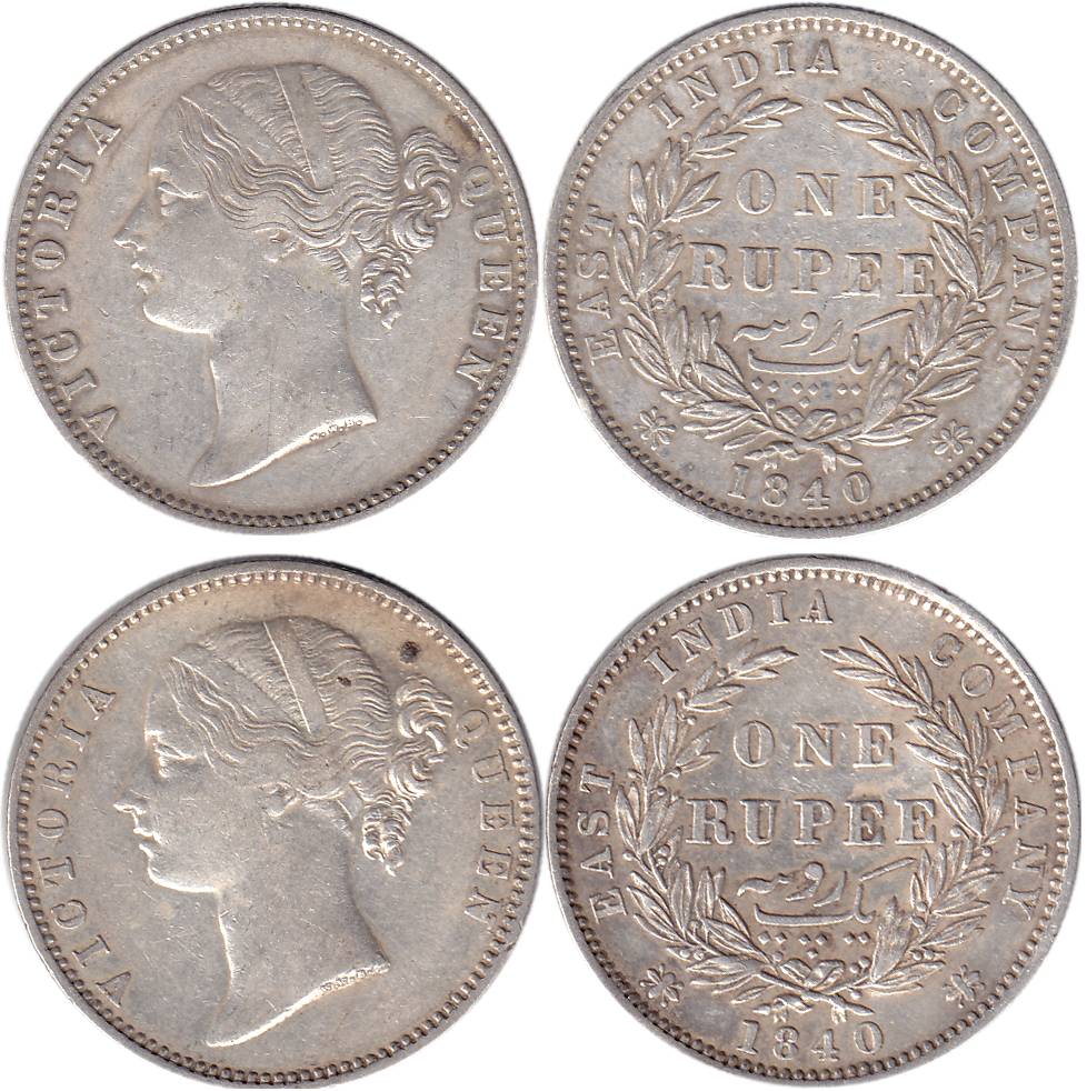 Victoria Queen, Divided Legend, Silver (2), Rupee, Madras Mint, 1840, W.W.B. raised, Dot a