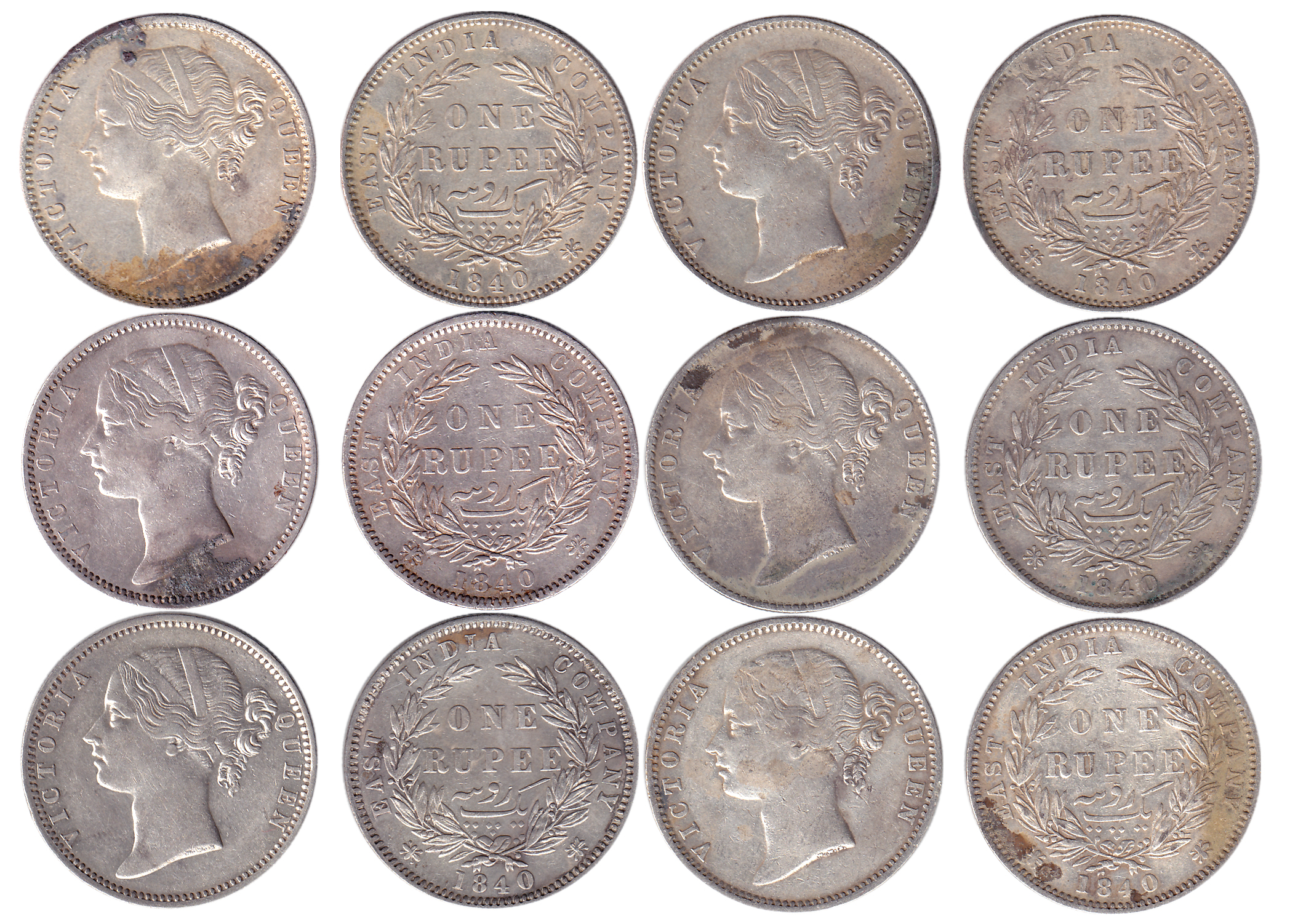 Victoria Queen, Divided Legend, Silver (6), Rupee, Madras mint, 1840, W.W.B. raised, 28 Be