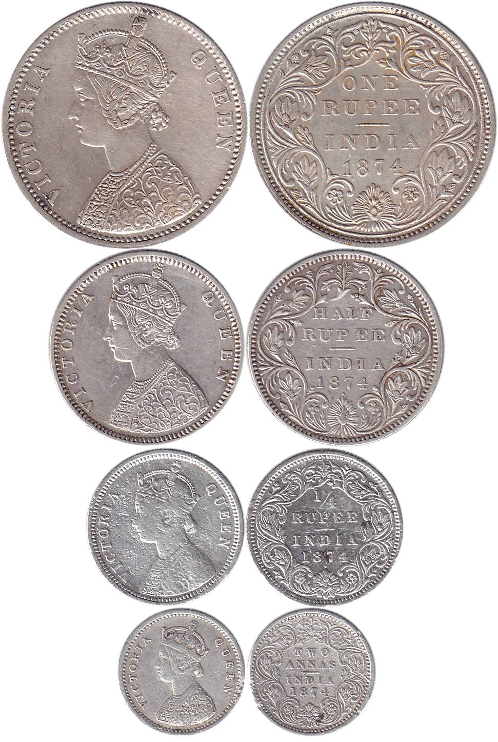Victoria Queen, Silver (4), Set of 4 coins of 1874: Rupee (without Dot); ½ Rupee (with Dot