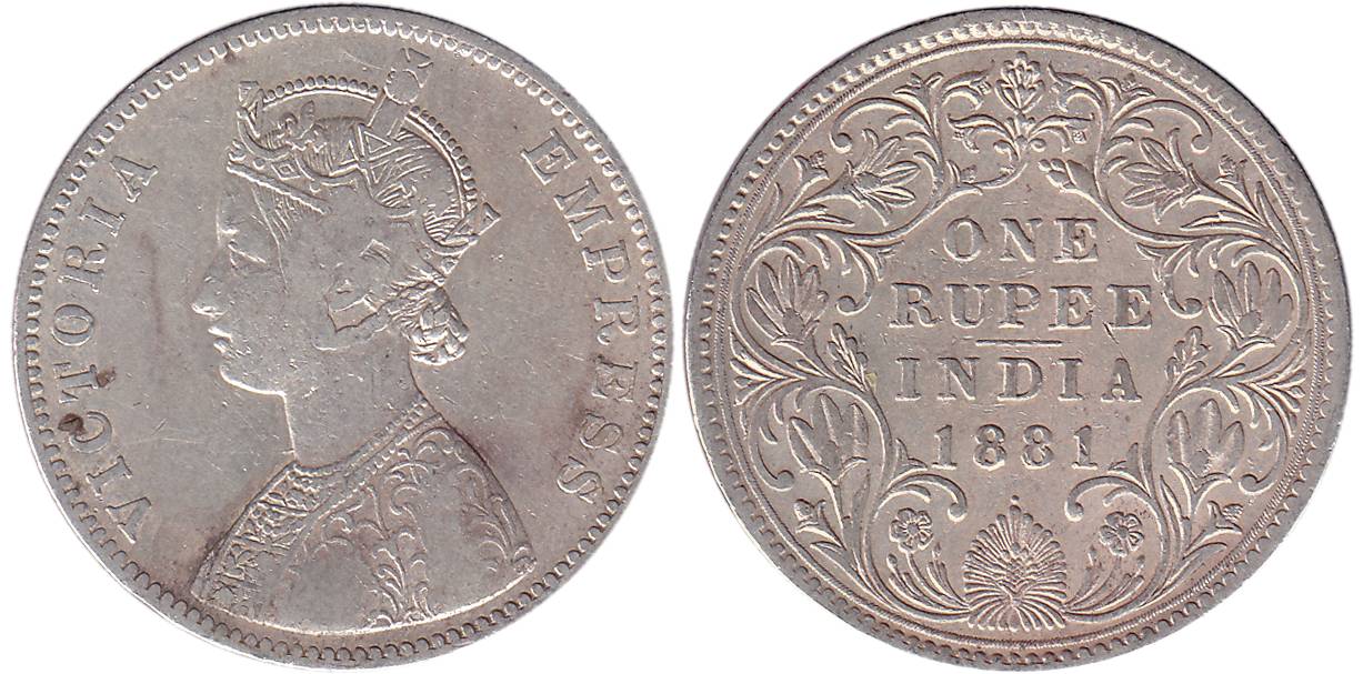 Victoria Empress, Silver, Rupee, 1881, Dot on rev. Very Fine, Rare.
