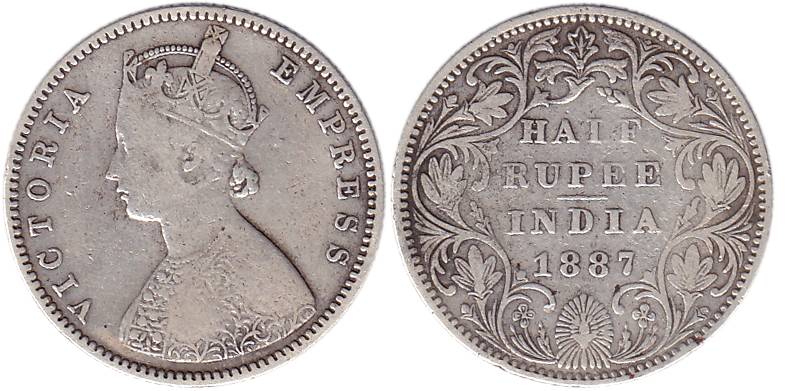 Victoria Empress, Silver, ½ Rupee, Bombay Mint, 1887, A/II/ B raised (Pridmore# 296). Abou