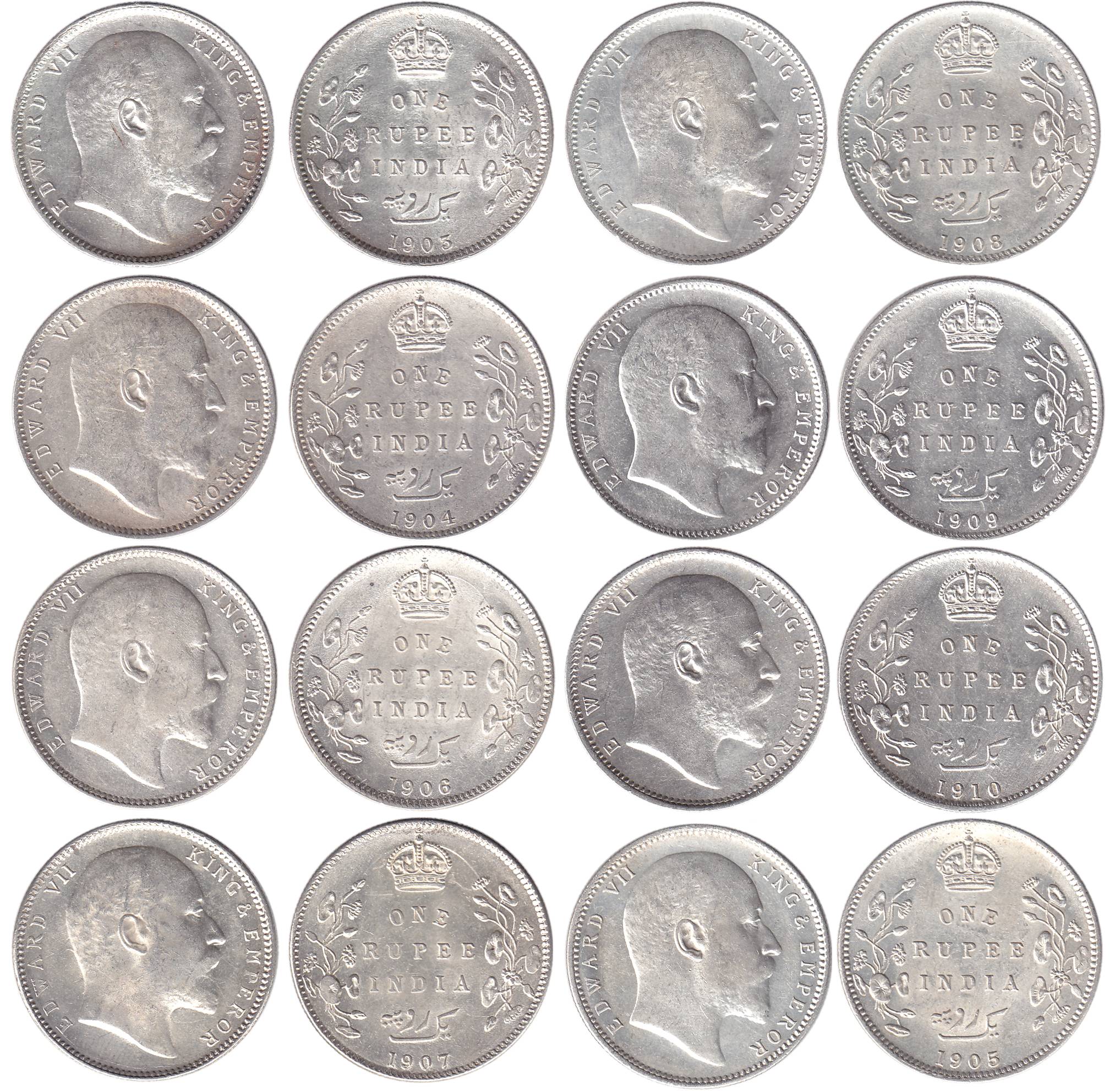 Edward VII, Silver (8), Rupee, Calcutta Mint, 1903 to 1910 (Pridmore# 189 to 196). UNC, Ra