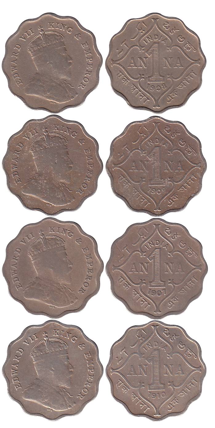 Edward VII, Cupro-Nickel (4), 1 Anna, 1907, 1908, 1909 and 1910, B incused, Bombay Mint (P