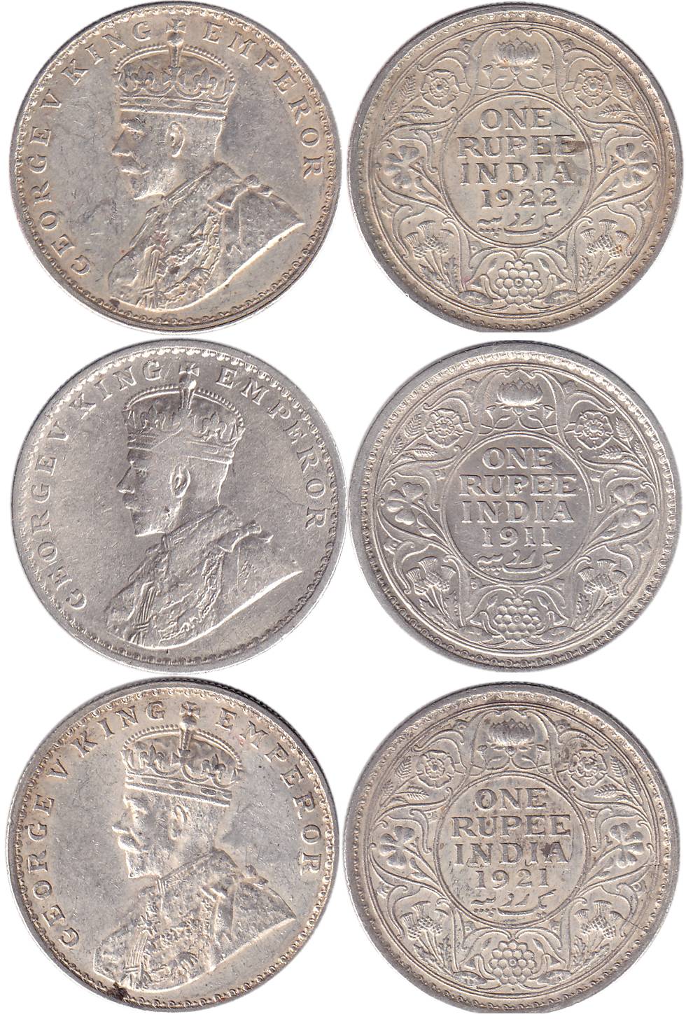 George V, Silver (3), Rupee, Calcutta Mint, 1911, Bombay Mint, 1921 and 1922 (Pridmore# 20