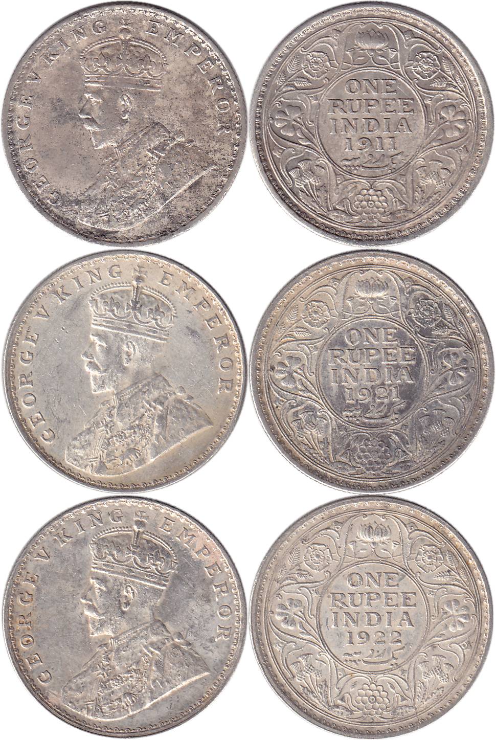 George V, Silver (3), Rupee, Calcutta Mint, 1911, Bombay Mint, 1921 and 1922 (Pridmore# 20