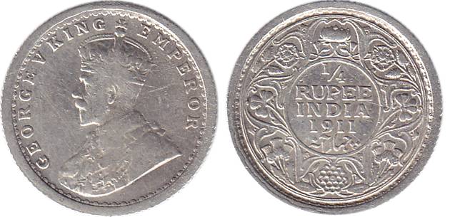 George V, Silver, ¼ Rupee, Pig type, Calcutta Mint, no mint mark (Pridmore# 440). About Ve