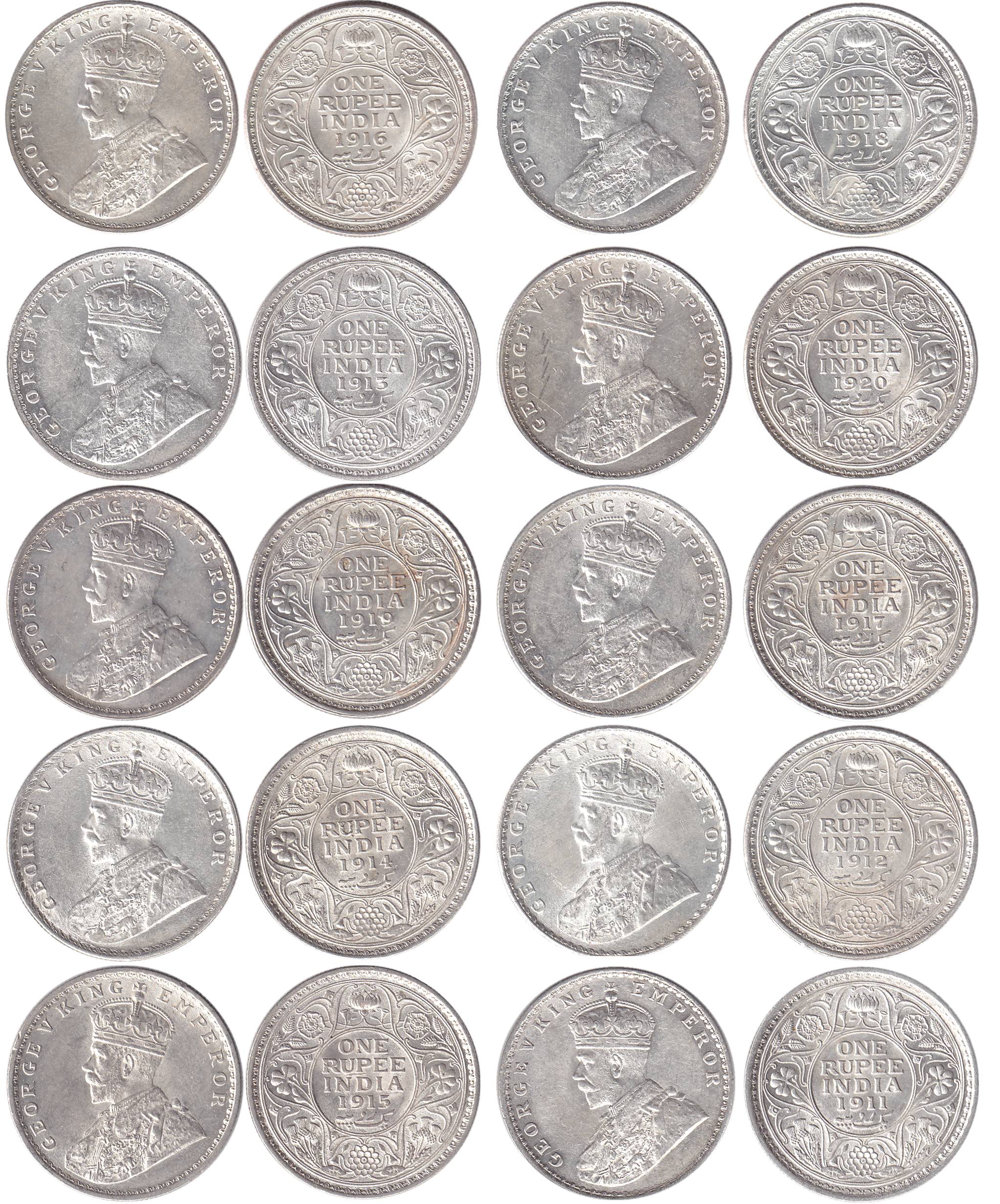 George V, Silver (10), Rupee, Calcutta Mint, 1911 to 1920. UNC, Rare as a complete set. 10