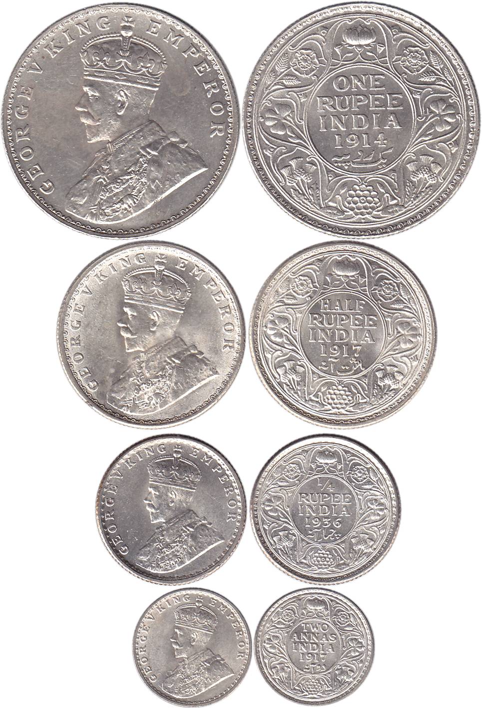 George V, Silver (4), Set of 4 denominations, Rupee, 1914, ½ Rupee, 1917, ¼ Rupee, 1936 an