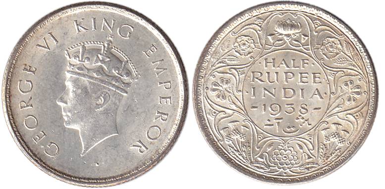 George VI, Silver, ½ Rupee, 1938, Bombay Mint.About UNC.
