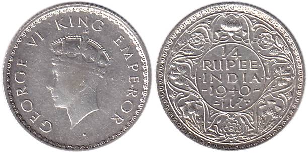 George VI, Silver, ¼ Rupee, 1940, Bombay Mint, Dot, Head type I (Pridmore# 462).Very Fine+