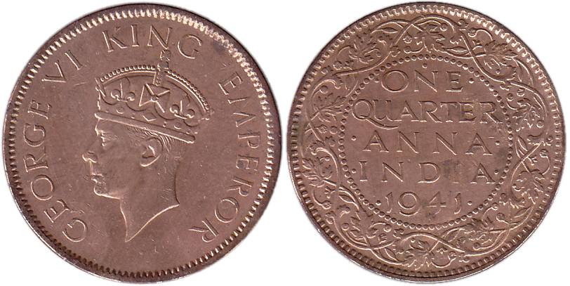 George VI, Copper, ¼ Anna, 1941, Bombay mint.About UNC, Rare.