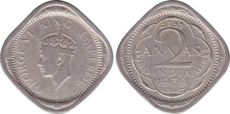 George VI, Cupro-Nickel, 2 Annas, Calcutta Mint, 1939, Head type II (Pridmore# 905). Very 