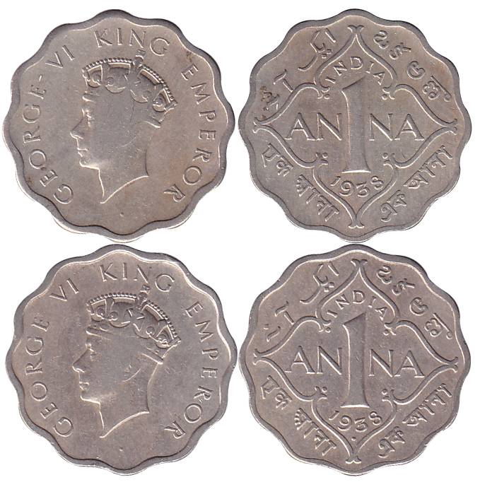 George VI, Cupro-Nickel (2), 1 Anna, Calcutta and Bombay Mint, 1938, Head type I (Pridmore