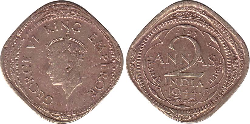 George VI, Nickel-Brass, 2 Annas, Bombay Mint, 1944, slightly die-shifting Erroe on the bo