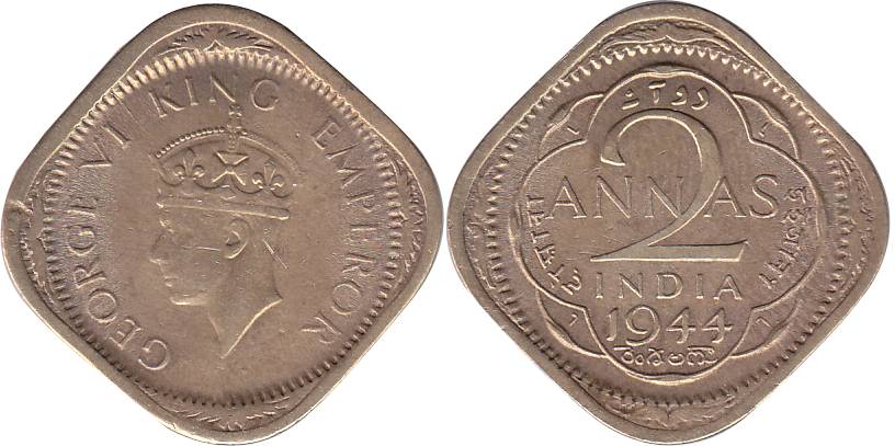 George VI, Nickel-Brass, 2 Annas, Lahore Mint, 1944, L raised four times in the quatrefoil