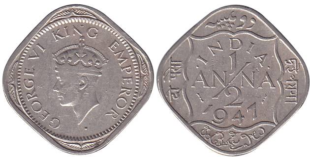 George VI, Cupro-Nickel, ½ Anna, 1947, Bombay Mint, without Privy mark (Pridmore# 992A).Ve