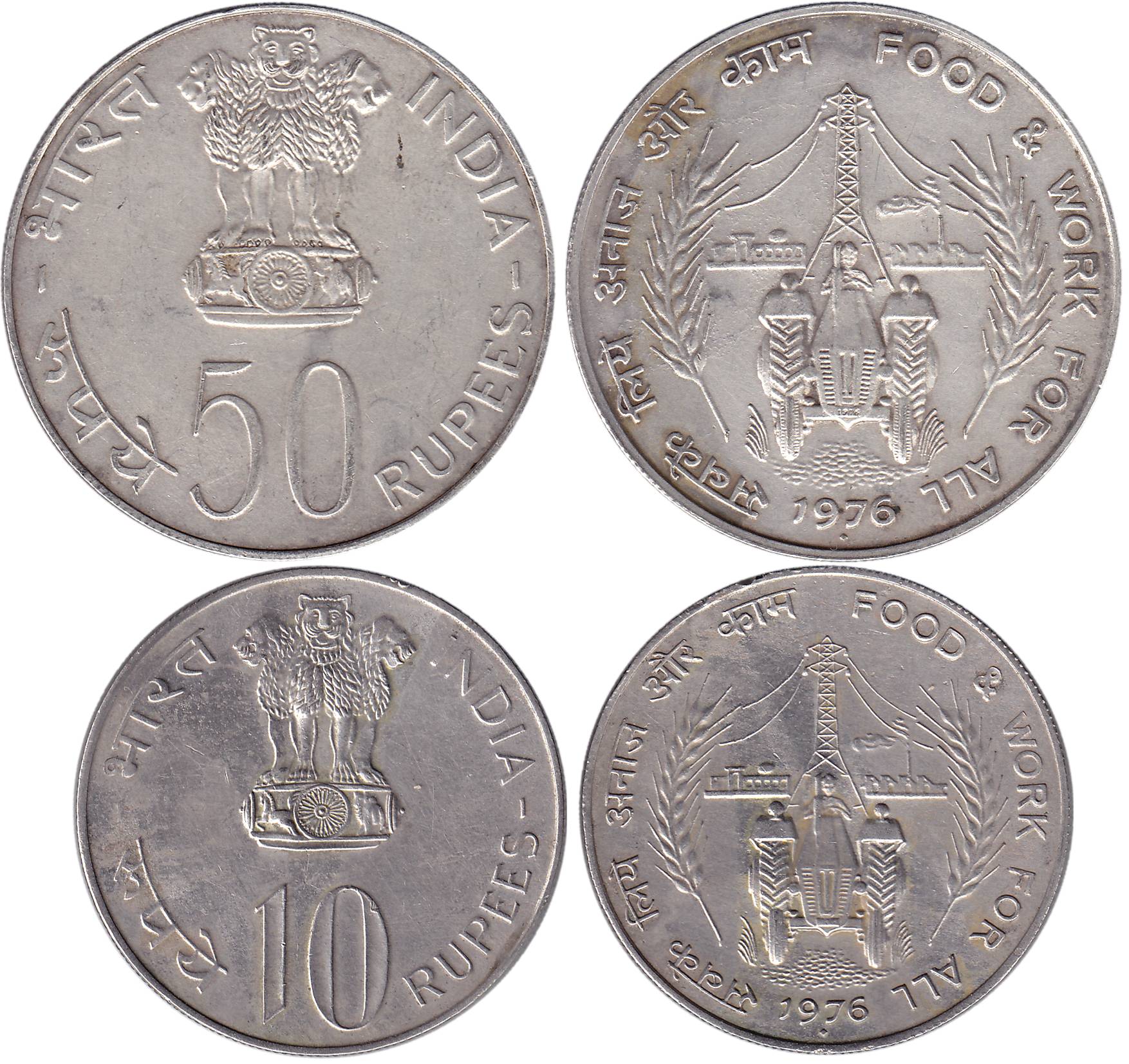 Loose UNC coins, Silver (2), 50 and 10 Rupees, 1976, Food & Work For All Series, Bombay Mi