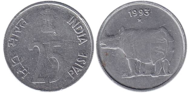 25 Paise,Stainless steel, 1993, Rhinocerous type, Hyderabad mint with Star. Very Fine, Rar