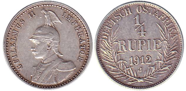 German East Africa, Guilelmus II, Silver, ¼ Rupee, 1912 J.About Extremely Fine, Scarce.