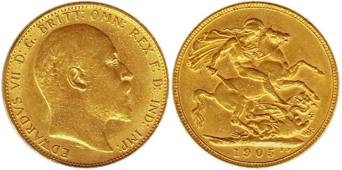 Great Britain, Edward VII, Gold, 8.02 g, Guinea-Sovereign, 1905.About Extremely Fine.