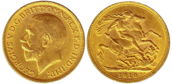 Great Britain, George V, Gold, 8.03 g, Guinea-Sovereign, 1918, P for Pretoria mint.About U