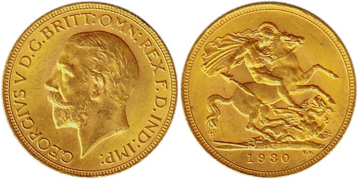 Great Britain, George V, Gold, 8.00 g, Guinea-Sovereign, 1930, SA for South Africa mint.Ab