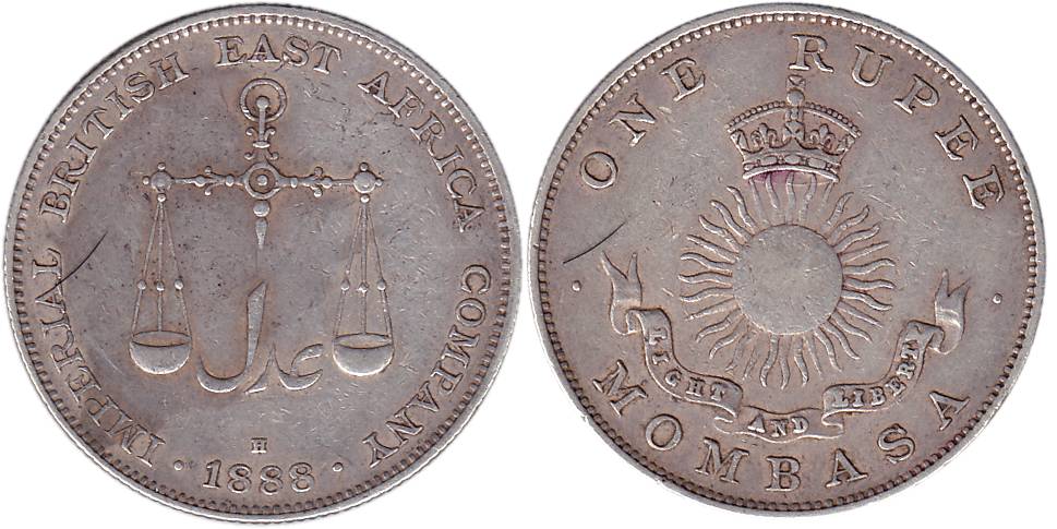Mombasa, Silver, Rupee, British East Africa Company, 1888 H. Very Fine+, Scarce.