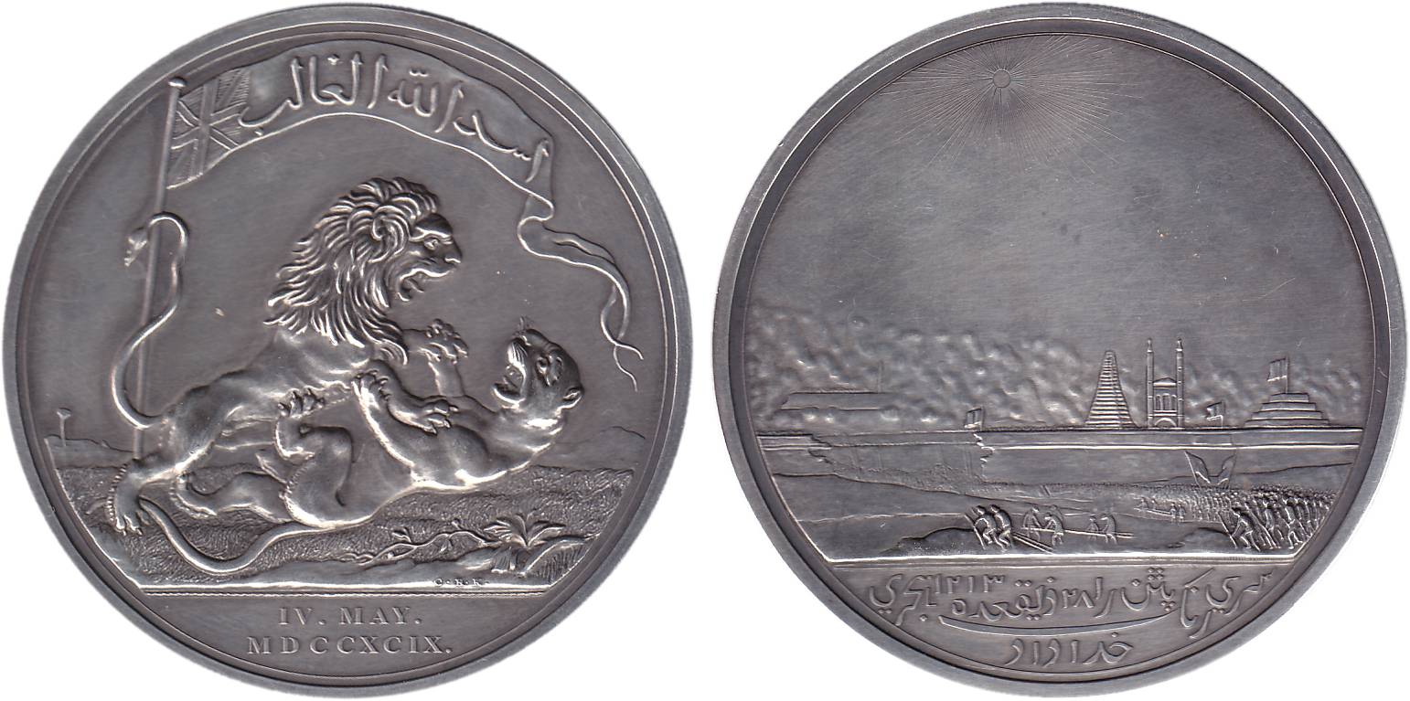 British India, Defeat of TipuSutanSeringapatan Medal, Silver, 45.24 g, the British lion tr