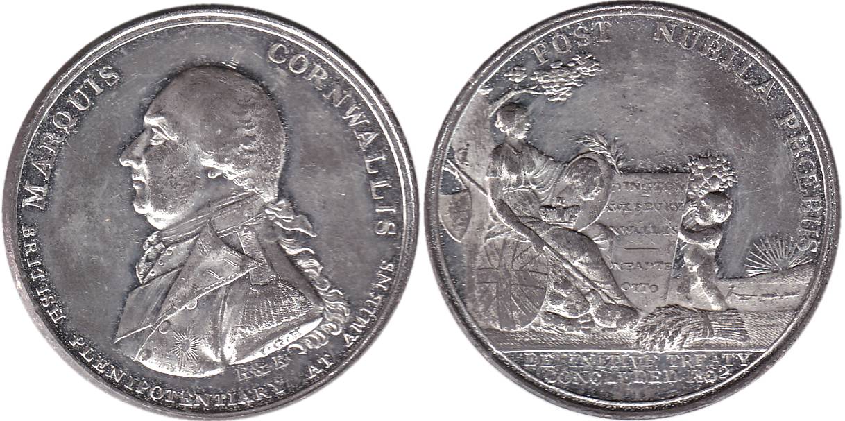 Lord Cornwallis Medal, White metal, 1802, portrait of the Lord Cornwallis to left on obv, 
