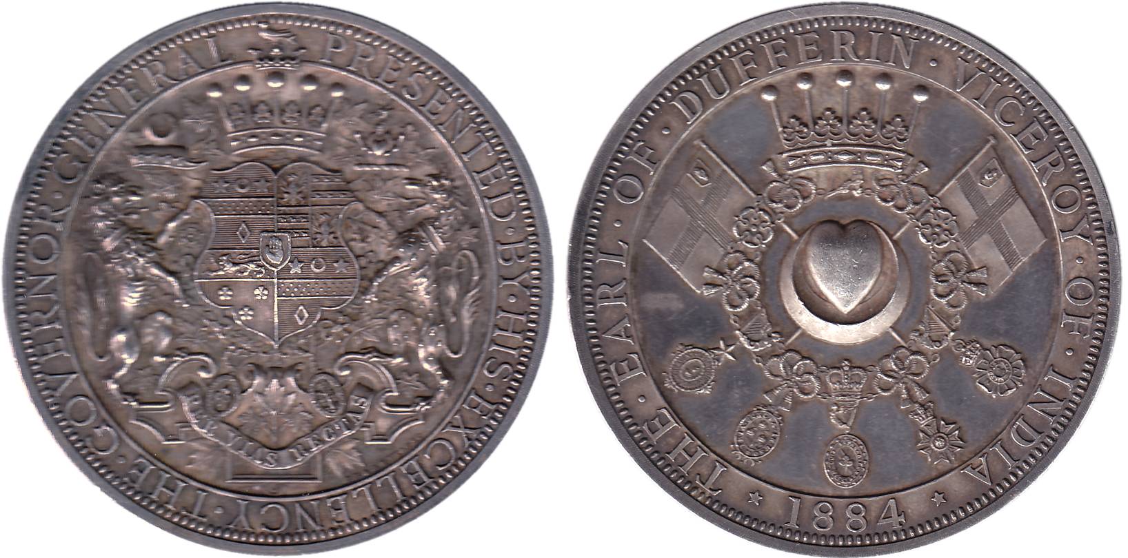 Viceroy Medal, Silver, Medal of Lord Dufferin, coat of arms of the Lord on obv, wreath wit