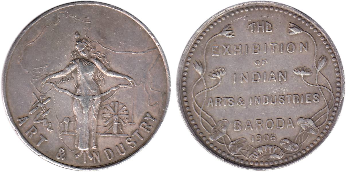 Baroda Exhibition Medal, Silver, 25.17 g, Hind Mata (Goddess India) standing on the backdr