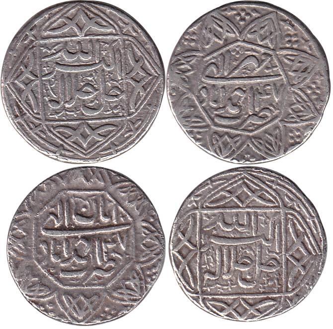 Akbar, Silver (2), Rupee, Ahmedabad Mint, Allahu Akbar, Ornamental type, Ilahi 47, Mihr an