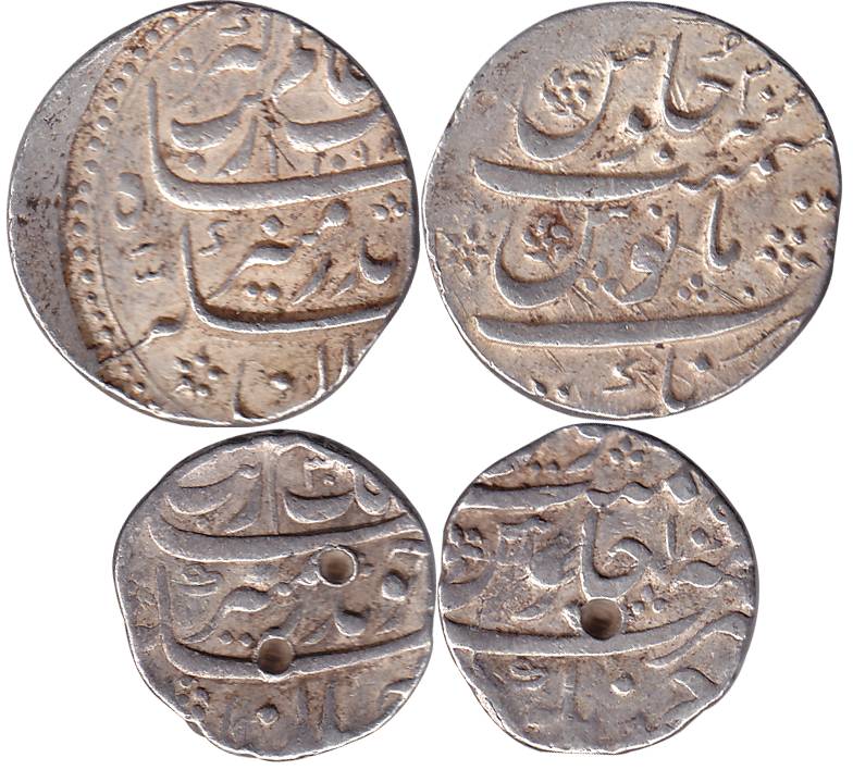 Aurangzeb, Silver (2), Rupee and ½ Rupee, Ahmadnagar Mint, mint name at bottom on rev. The
