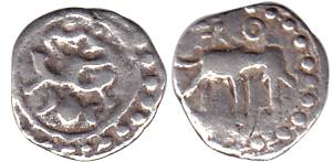 Kalachuris of WesternIndia, Silver, 0.42 g, a seated cross-legged goddess to right on obv,